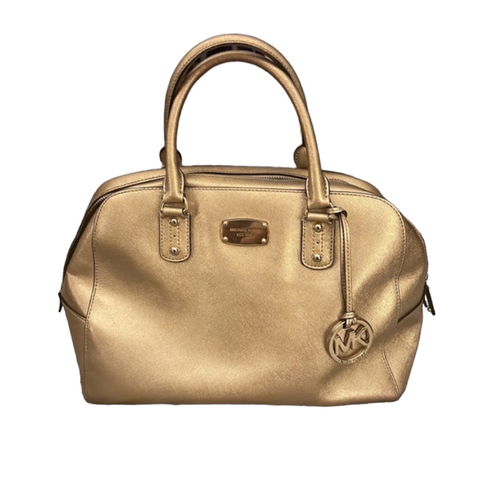 Michael Kors Gold Saffiano Leather Large Satchel With Logo Medallion Charm